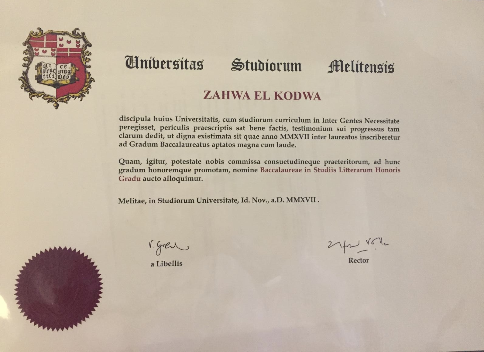 University of Malta diploma conferring a Bachelor of Arts with honours on Zahwa El Kodwa, dated 13 November 2017